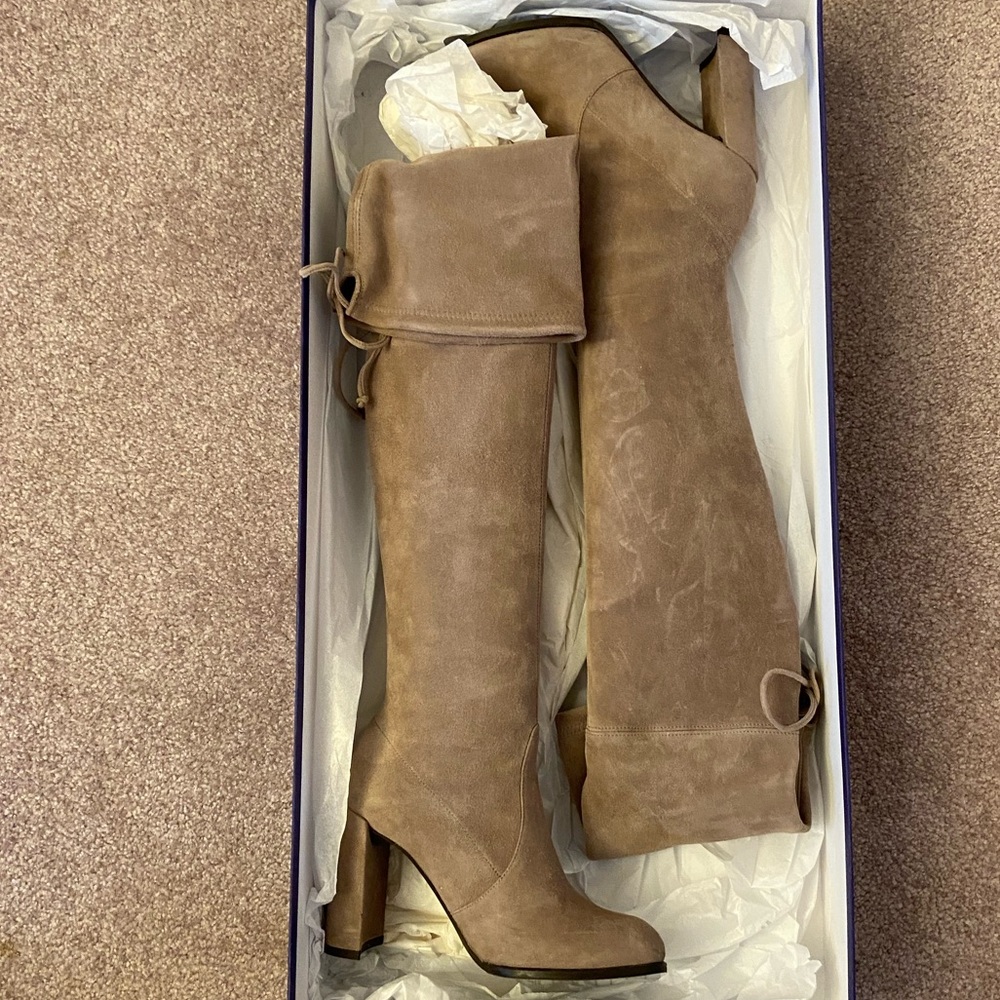 Stuart Weitzman Hiline Highland Haze Taupe Brown Suede Over Knee OTK Boots 35 5